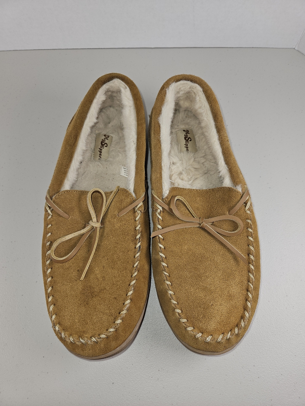 MY SLIPPERS Men's Faux Fur Lined Suede Moccasins Size 12 Tan